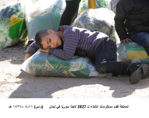 لاجئون سوريون خلال تسلمهم المساعدات السعودية (واس) 