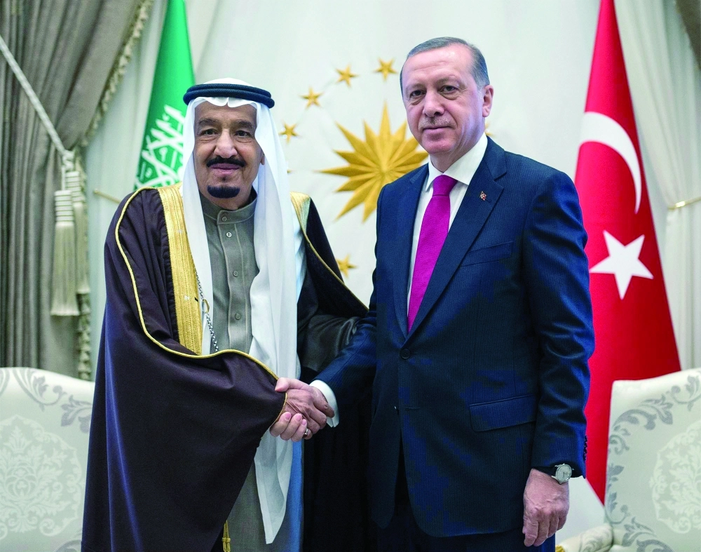 الرئيس التركي مصافحا الملك سلمان في القصر الرئاسي             (واس)