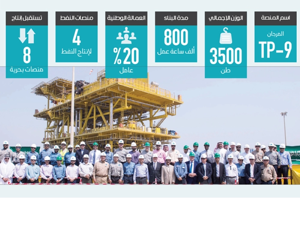 جماعية لمسؤولي أرامكو السعودية والمقاولين عقب تدشين المنصة البحرية (مكة)