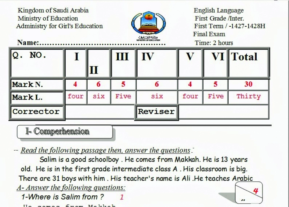 نموذج أسئلة سابق لاختبار الإنجليزية           (مكة)