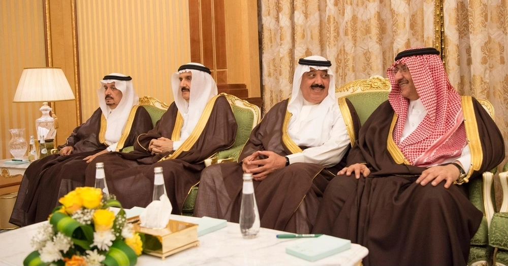 الأمراء فيصل بن بندر ومنصور بن متعب ومتعب بن عبدالله ومحمد بن نايف خلال اللقاء