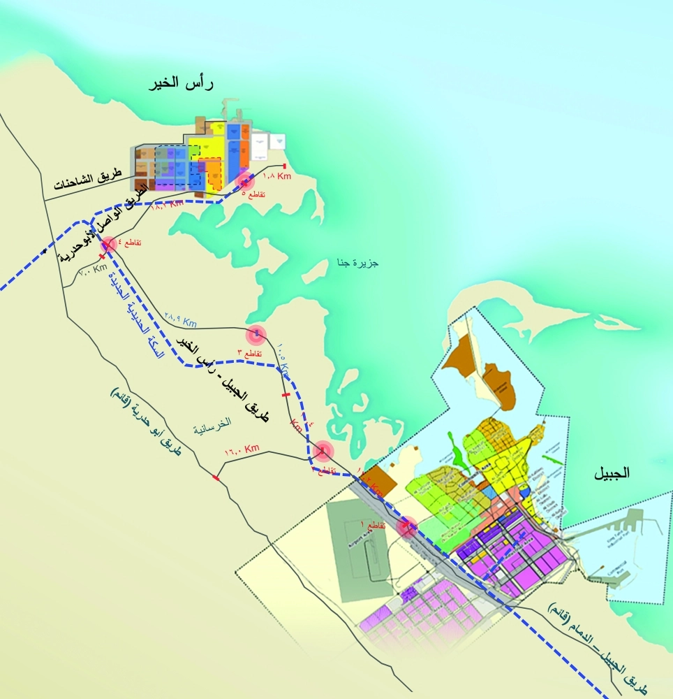 رسم توضيحي لمدينتي الجبيل ورأس الخير ومسار القطار (مكة)