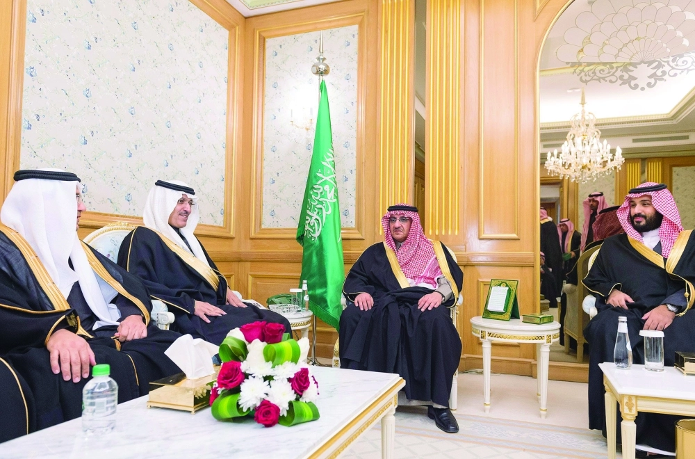 الأميران محمد بن مايف ومحمد بن سلمان خلال استقبالهما الجدعان والخليفي (واس)