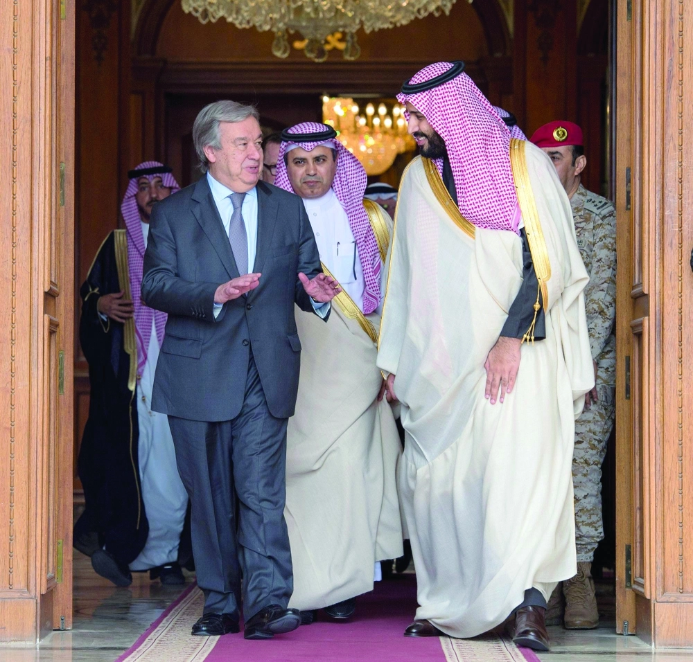 الأمير محمد بن سلمان مستقبلا أنطونيو جوتيريس (واس)