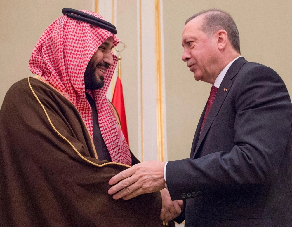 الأمير محمد بن سلمان خلال لقائه رجب إردوغان اليوم (واس)