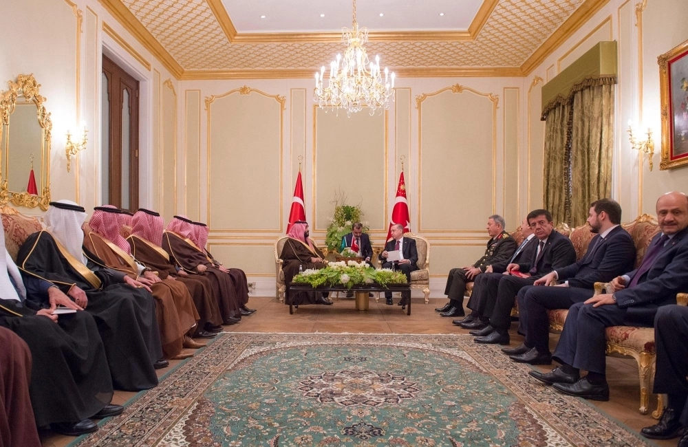 الأمير محمد بن سلمان خلال لقائه رجب إردوغان اليوم (واس)