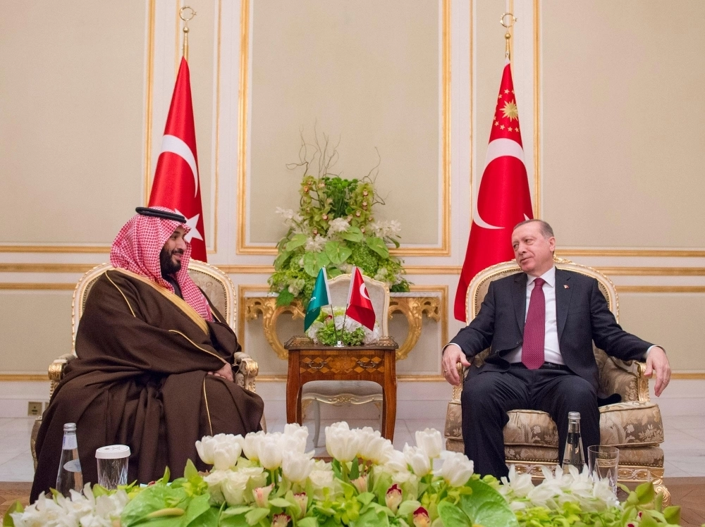 الأمير محمد بن سلمان خلال لقائه رجب إردوغان اليوم (واس)