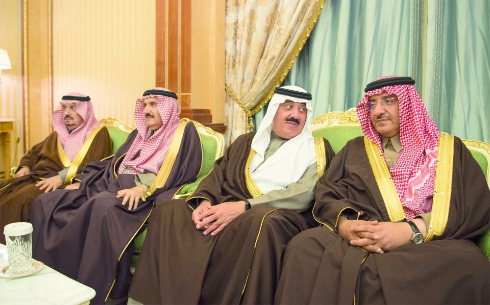 الأمراء فيصل بن بندر ومنصور بن متعب ومتعب بن عبدالله ومحمد بن نايف خلال اللقاء