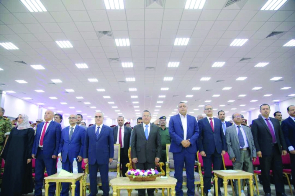 رئيس الحكومة أحمد بن دغر خلال الاحتفال بذكرى تحرير عدن أمس                                                                        (سبأ نت)