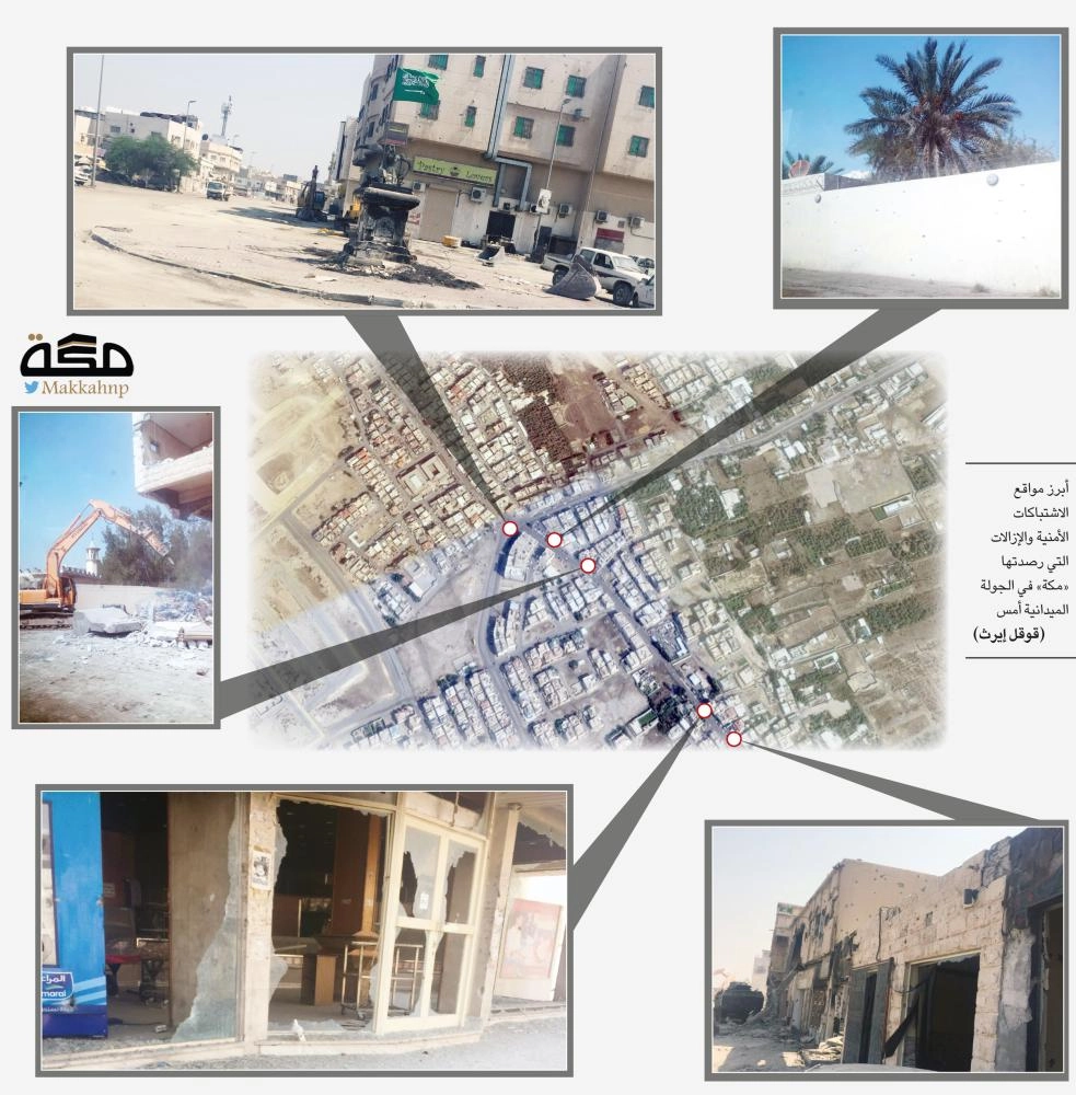 أبرز مواقع الاشتباكات الأمنية والإزالات التي رصدتها «مكة» في الجولة الميدانية أمس (قوقل إيرث)