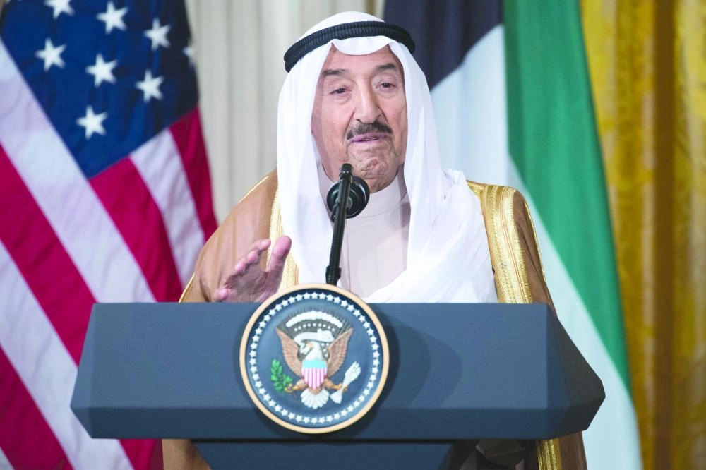 صباح الصباح متحدثا خلال المؤتمر الصحفي أمس الأول   (أ ب إ)