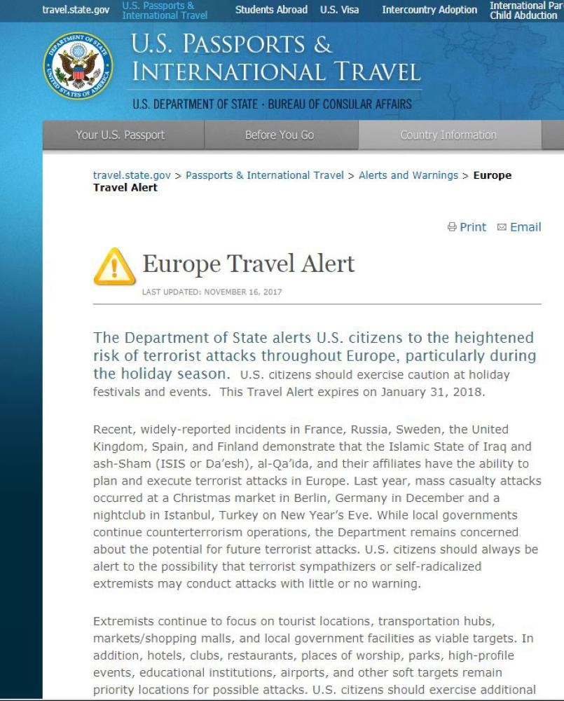 نصائح للمسافرين إلى أوروبا من قبل وزارة الخارجية الأمريكية