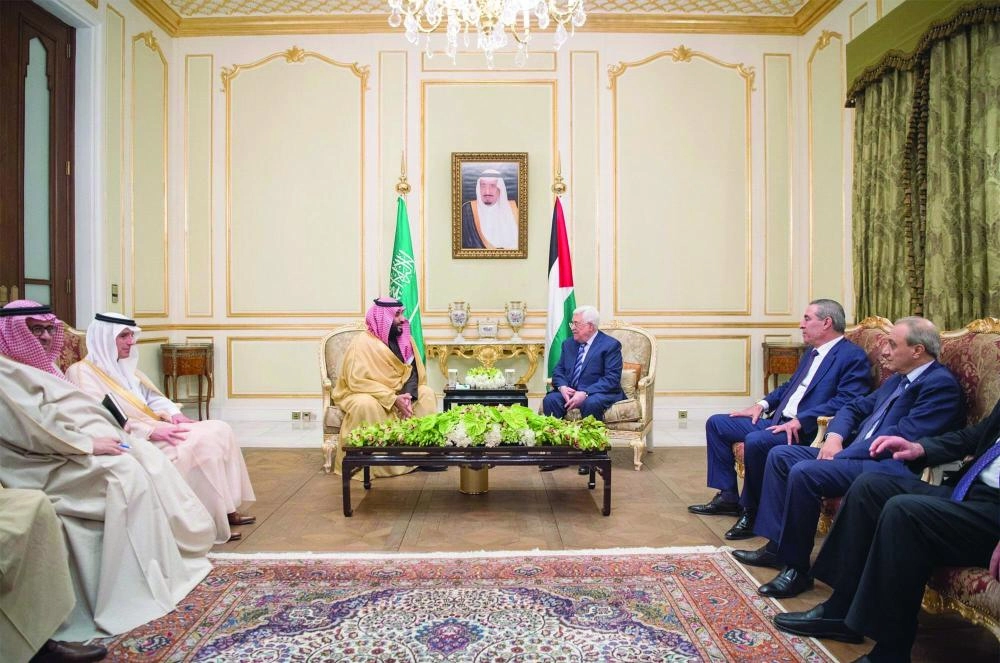 الأمير محمد بن سلمان خلال لقائه محمود عباس    (واس)