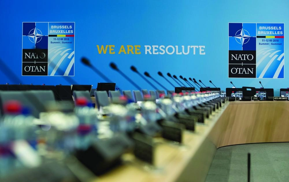 epa06883320 A view of the work session room ahead of a plenary session during the NATO summit in Brussels, Belgium, 12 July 2018. NATO countries' heads of states and governments gather in Brussels for a two-day meeting.  EPA/IAN LANGSDON