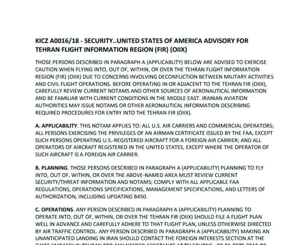 التحذير من السفر فوق الأجواء الإيرانية (مكتب خدمات الطيران)