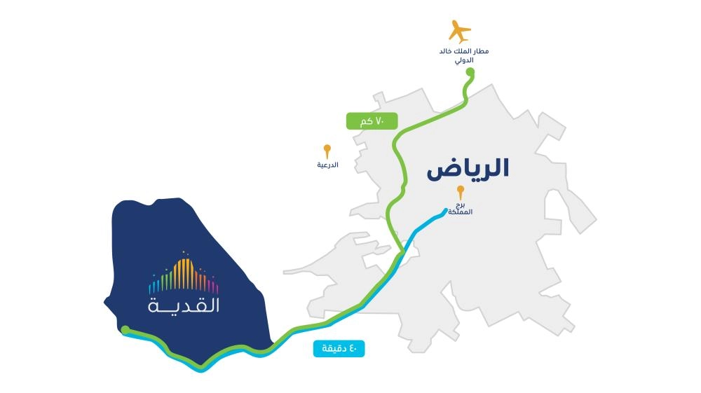 خريطة توضيحية لموقع القدية عن مدينة الرياض