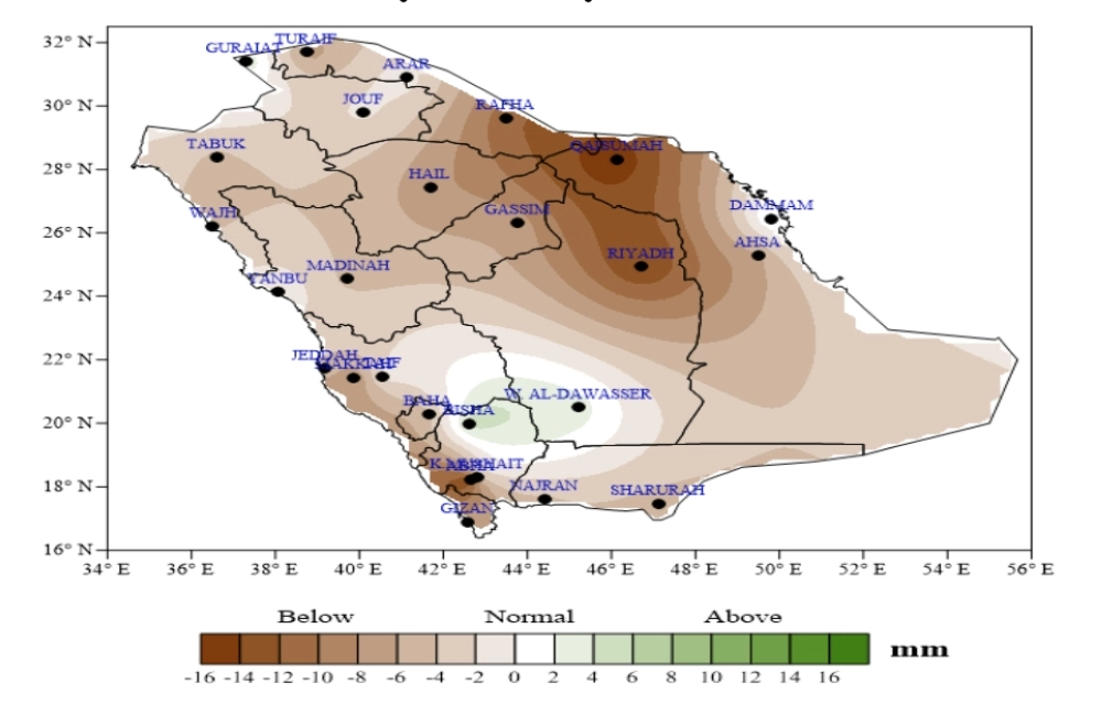 الانحراف عن المعدل الطبيعي لهطول الأمطار على السعودية خلال النصف الاول من عام 2018 (الهيئة العامة للأرصاد وحماية البيئة)