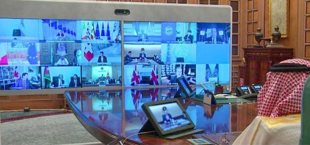 الملك سلمان لدى ترؤسه أمس القمة الاستثنائية الافتراضية لقادة دول مجموعة العشرين (واس)