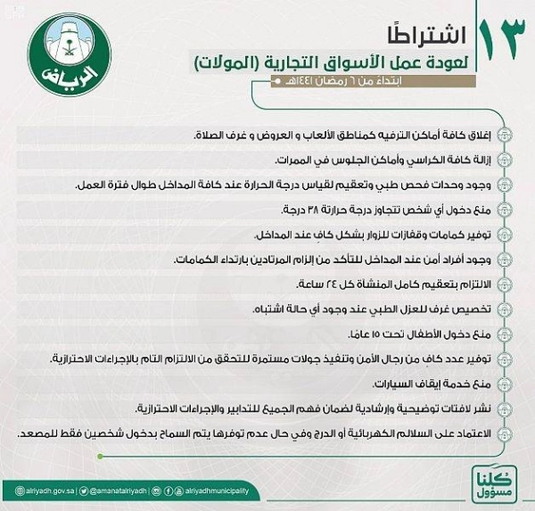 أمانة الرياض : 13 اشتراطًا تعيد الحياة للأسواق التجارية بالعاصمة .. أبرزها غلق المناطق الترفيهية وعدم اصطحاب الأطفال