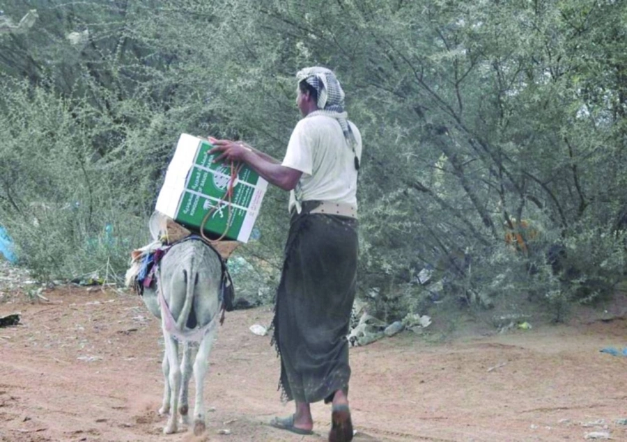 يمني يحمل المساعدات على حماره (واس)