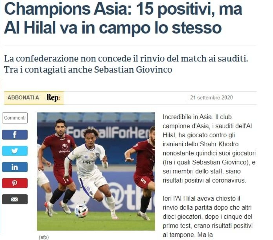 قصاصة من من تغطية الصحيفة الإيطالية لخبر الهلال
