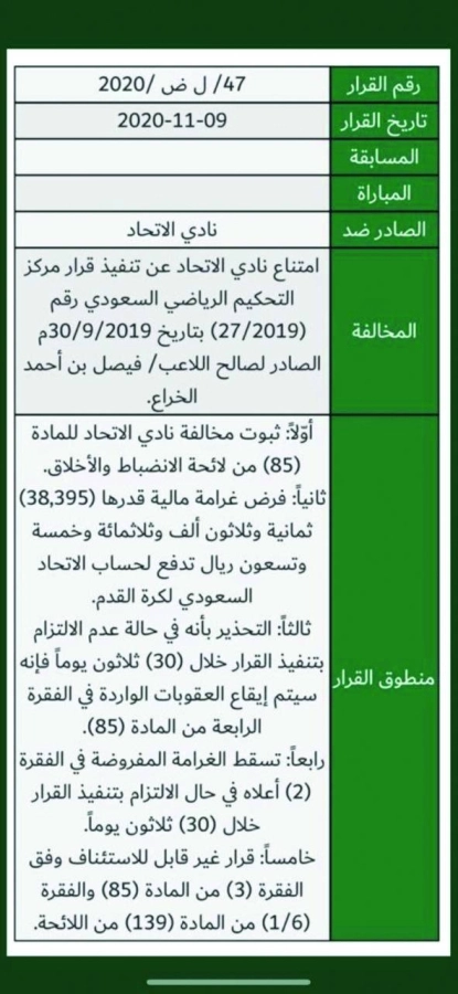 قرار مركز التحكيم الرياضي