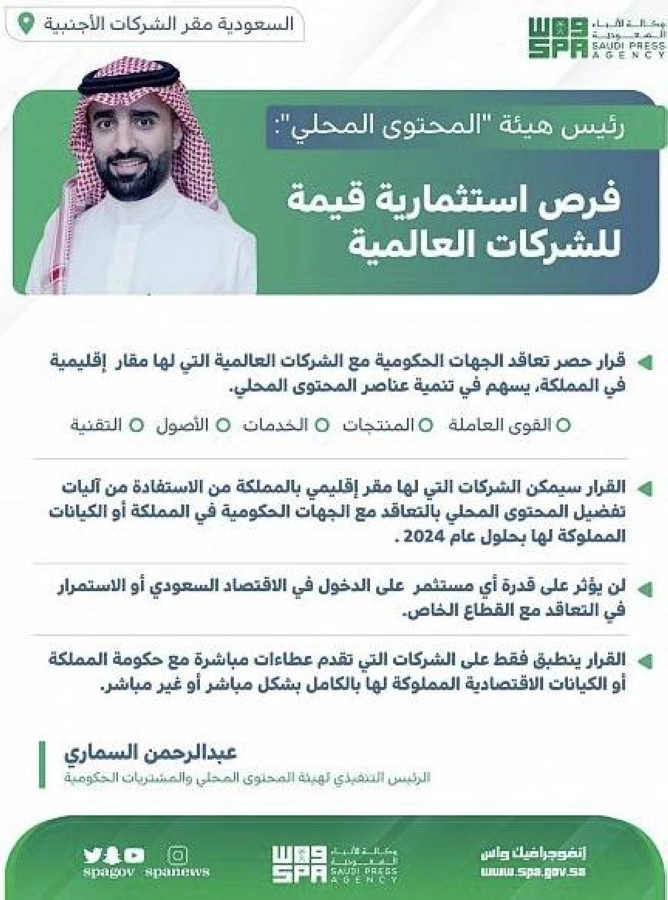 رئيس هيئة المحتوى المحلي والمشتريات الحكومية: فرص استثمارية قيمة للشركات العالمية