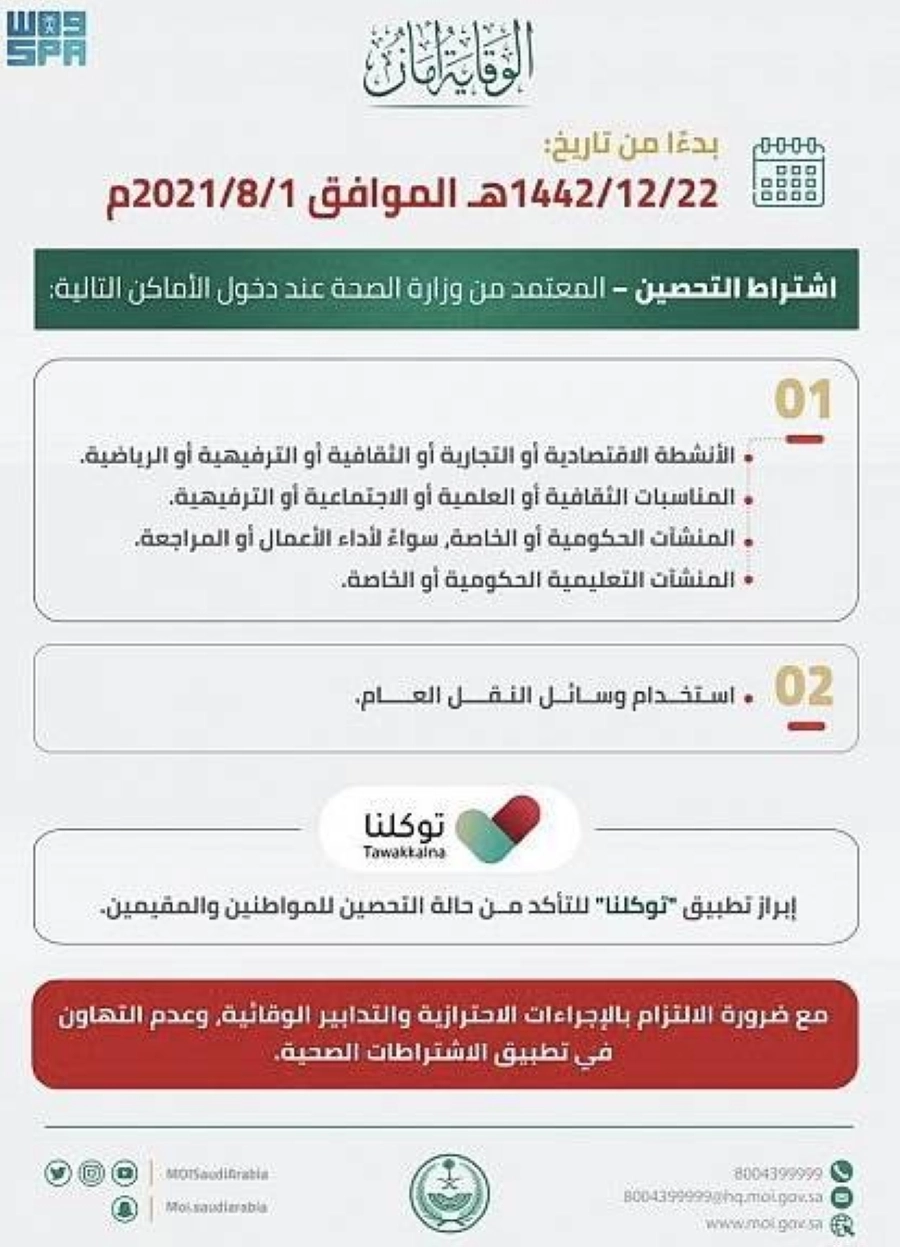 الداخلية: اشتراط التحصين المعتمد من وزارة الصحة لدخول الأنشطة والمناسبات والمنشآت سيبدأ أول أغسطس المقبل