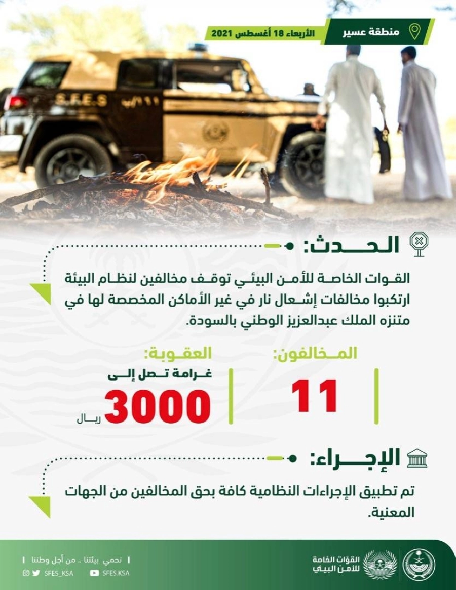 القوات الخاصة للأمن البيئي توقف 11 مخالفا لنظام البيئة لإشعالهم النار في غير الأماكن المخصصة لها