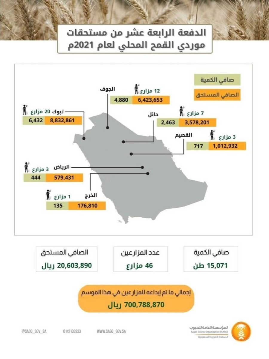 المؤسسة العامة للحبوب تصرف مستحقات الدفعة الـ 14 لمزارعي القمح المحلي (واس)