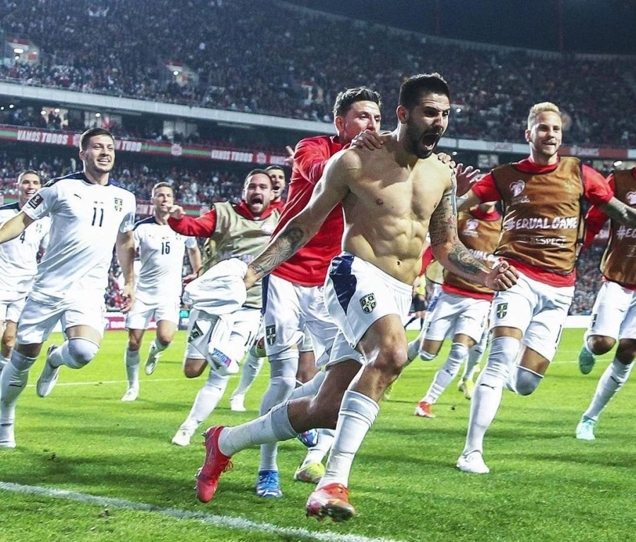 لاعب صربيا ميتروفيتش بعد تسجيله هدفا قاتلا في مرمى البرتغال   (د ب أ)