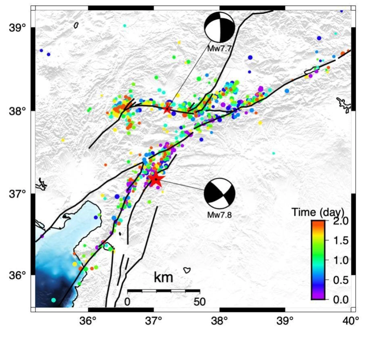 خريطة النشاط الزلزالي في 6 فبراير 2023 بالقرب من الحدود التركية السورية. تظهر خطوط التصدعات باللون الأسود. حدثت الهزة الرئيسية التي بلغت قوتها 7.8 درجة -نجمة حمراء كبيرة- في الساعة 01:17 صباحًا (بالتوقيت العالمي) على نظام صدع شرق الأناضول ، ووقعت الهزة الرئيسية الثانية بقوة 7.7 درجة (01:24 مساءً بالتوقيت العالمي) - نجمة حمراء صغيرة- على بعد حوالي 100 كم شمال الأولى عند صدع أخر منفصل بشكل واضح. يتم ترميز بؤر الهزات الارتدادية حسب وقت حدوثها بعد الصدمة الرئيسية الأولى ؛ كل هزة رئيسية لها تسلسل تابع خاص بها ، يشير مداه المكاني إلى طول التصدع.