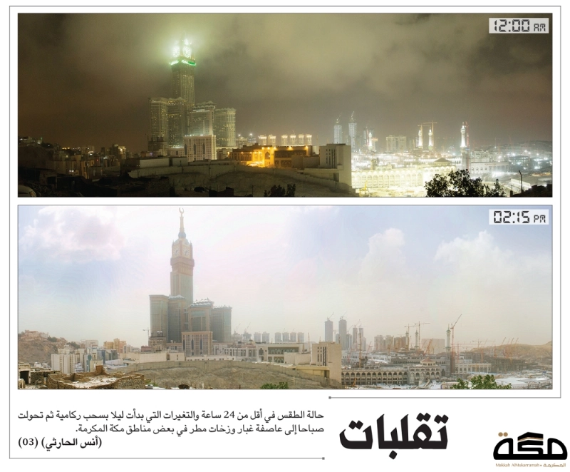 حالة الطقس في أقل من 24 ساعة والتغيرات التي بدأت ليلا بسحب ركامية ثم تحولت صباحا إلى عاصفة غبار وزخات مطر في بعض مناطق مكة المكرمة.
(أنس الحارثي)