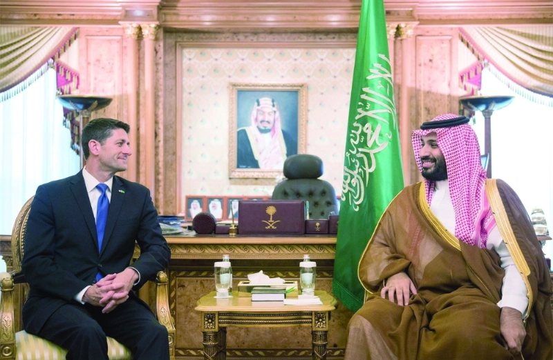 الأمير محمد بن سلمان لدى لقائه بول راين في مكتبه بالمعذر أمس (واس)