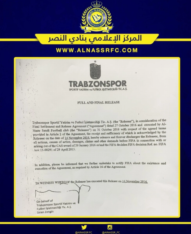 ضوئية تؤكد استلام نادي طرابزون لمستحقات أدريان