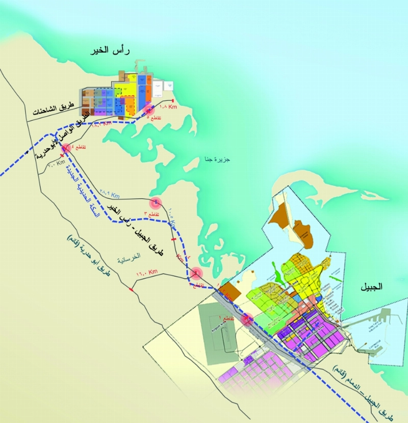رسم توضيحي لمدينتي الجبيل ورأس الخير ومسار القطار (مكة)
