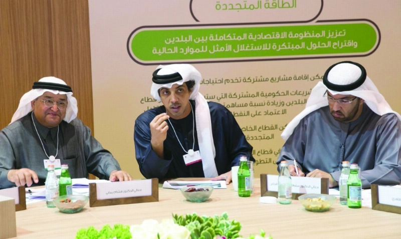 منصور بن زايد يتحدث في جلسة بخلية العزم بأبوظبي أمس (واس)
