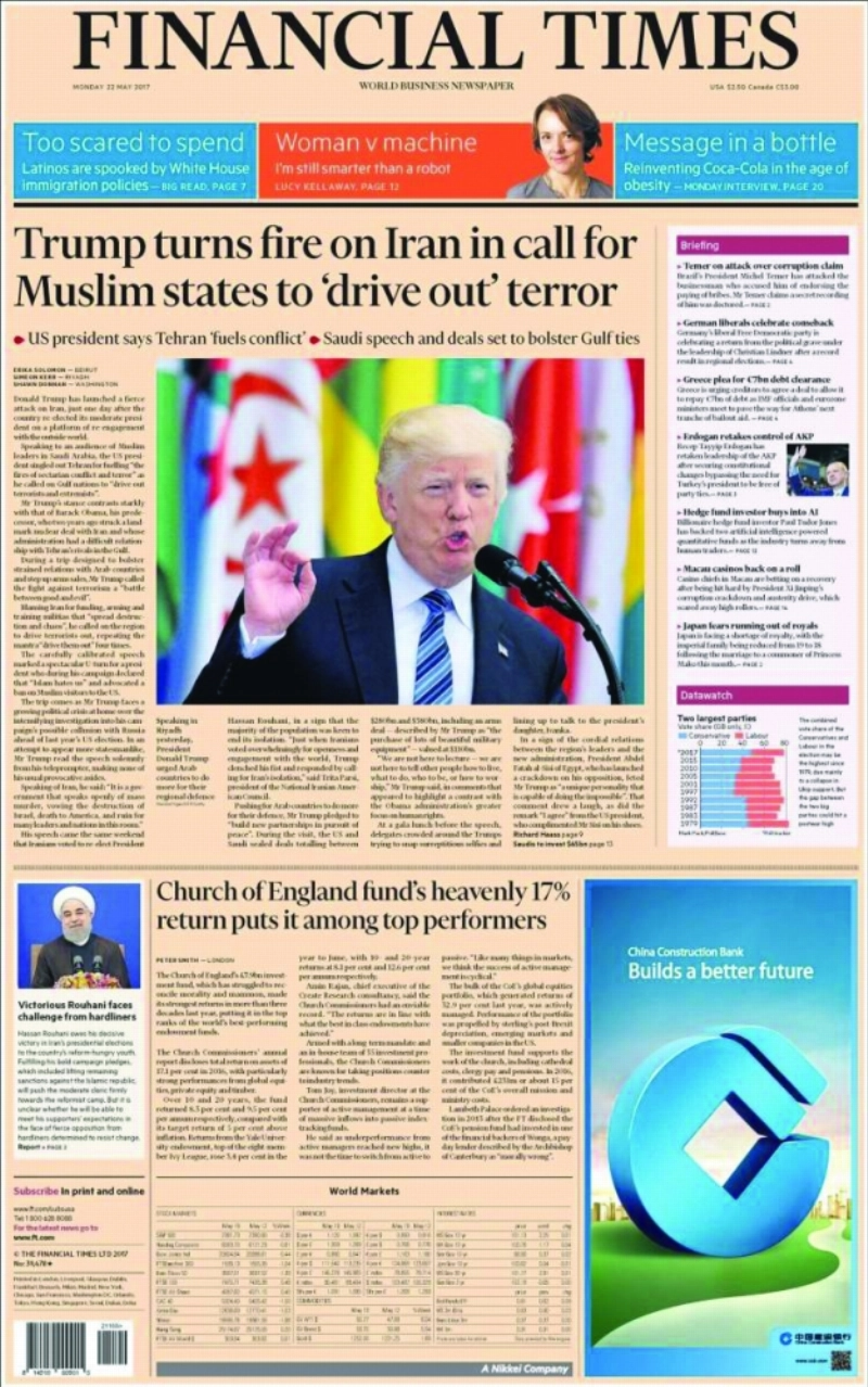 Financial Times
ترمب يهاجم إيران ويدعو الدول الإسلامية لطرد الإرهاب