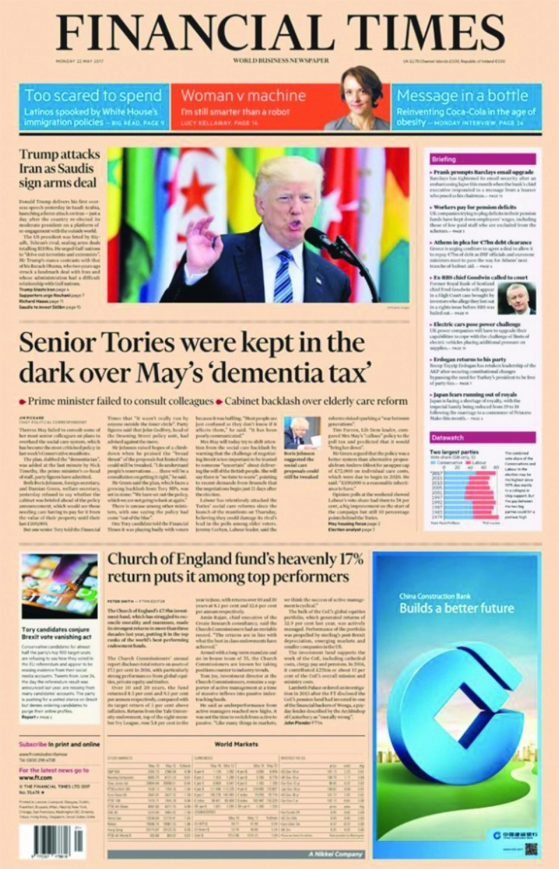 Financial Times 2
ترمب يهاجم إيران ووقع مع السعودية صفقة عسكرية