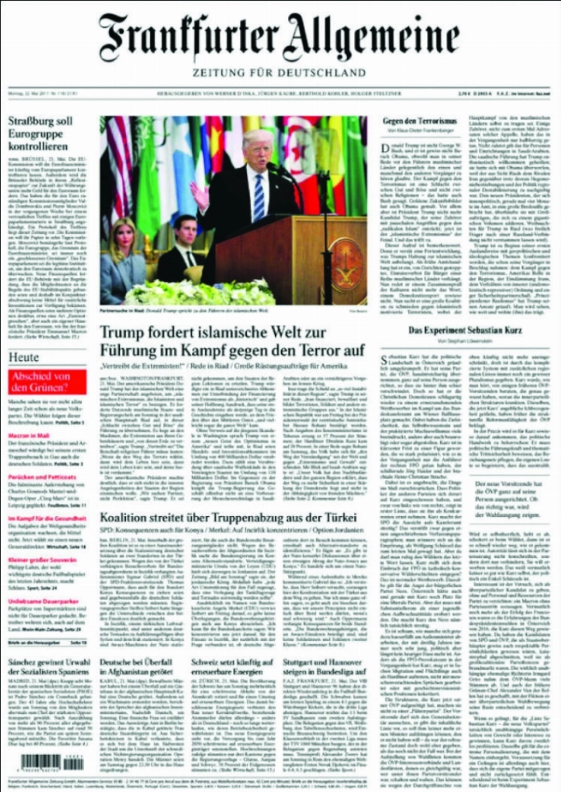 Frankfurter
- Allgemeine
الألمانية
ترمب يدعو العالم الإسلامي لقيادة الحرب ضد الإرهاب