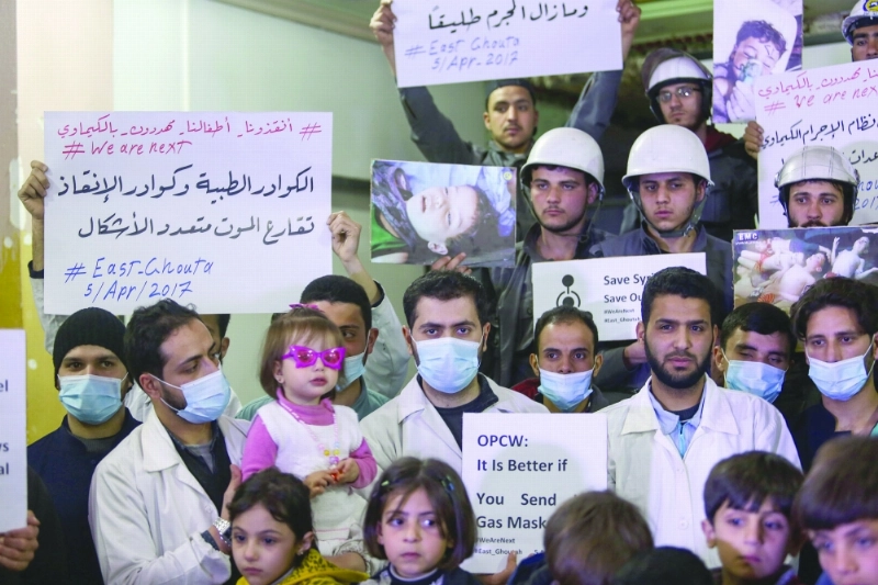 تجمع للتضامن مع ضحايا خان شيخون بدوما في مايو (إ ب أ)