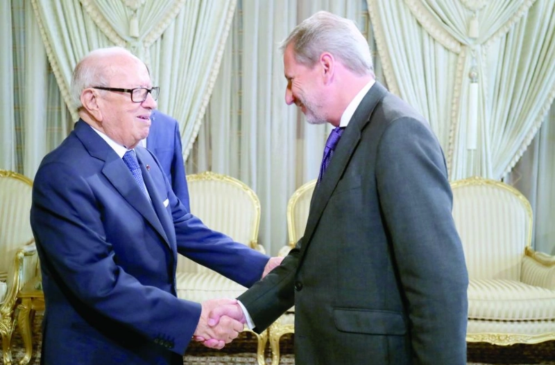 السبسي يصافح مفوض سياسة الجوار الأوروبي في تونس (د ب أ)