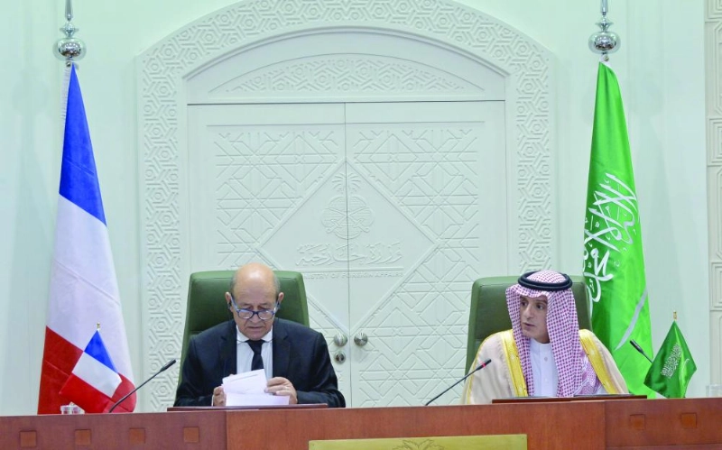 الجبير ولودريان في المؤتمر الصحفي بالرياض أمس (واس)