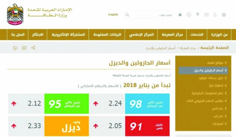 أسعار الوقود لشهر يناير على موقع وزارة الطاقة الإماراتية (مكة)