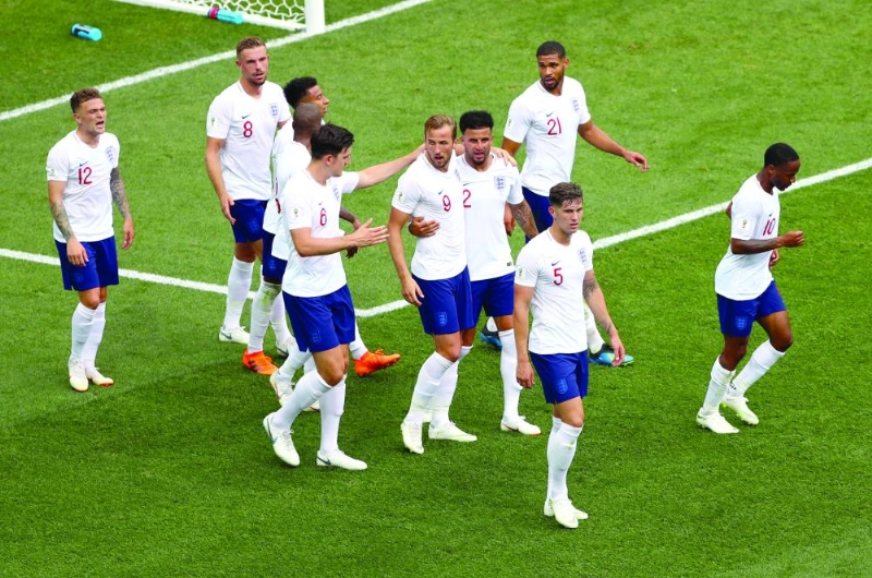 England's Harry Kane (C) celebrates, with his teammates, scoring his side's 5th goal during the FIFA World Cup 2018 Group G soccer match between England and Panama at the Nizhny Novgorod Stadium in Nizhny Novgorod, Russia, 24 June 2018. Photo: Tim Goode/PA Wire/dpa