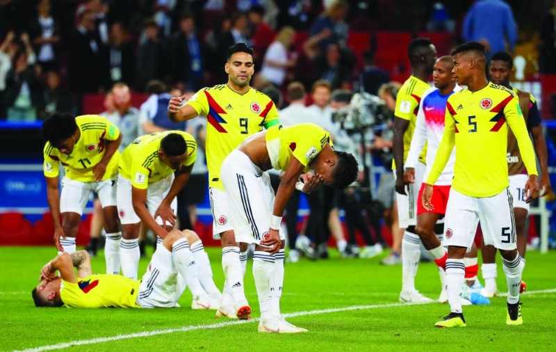 epa06862642 Players of Colombia react after the penalty shootout of the FIFA World Cup 2018 round of 16 soccer match between Colombia and England in Moscow, Russia, 03 July 2018. England won 4-3 on penalties.
(RESTRICTIONS APPLY: Editorial Use Only, not used in association with any commercial entity - Images must not be used in any form of alert service or push service of any kind including via mobile alert services, downloads to mobile devices or MMS messaging - Images must appear as still images and must not emulate match action video footage - No alteration is made to, and no text or image is superimposed over, any published image which: (a) intentionally obscures or removes a sponsor identification image; or (b) adds or overlays the commercial identification of any third party which is not officially associated with the FIFA World Cup) EPA/YURI KOCHETKOV EDITORIAL USE ONLY