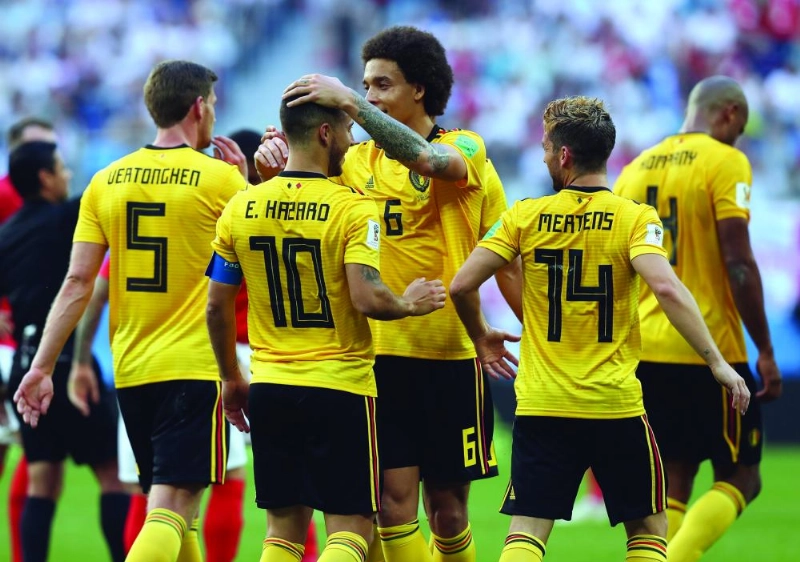 Belgium's Eden Hazard celebrates after the 2-0 goal with Belgium's Axel Witsel during the FIFA World Cup 2018 third place play-off soccer match between Belgium and England at the Saint Petersburg Stadium in Saint Petersburg, Russia, 14 July 2018. Photo: Bruno Fahy/belga/dpa