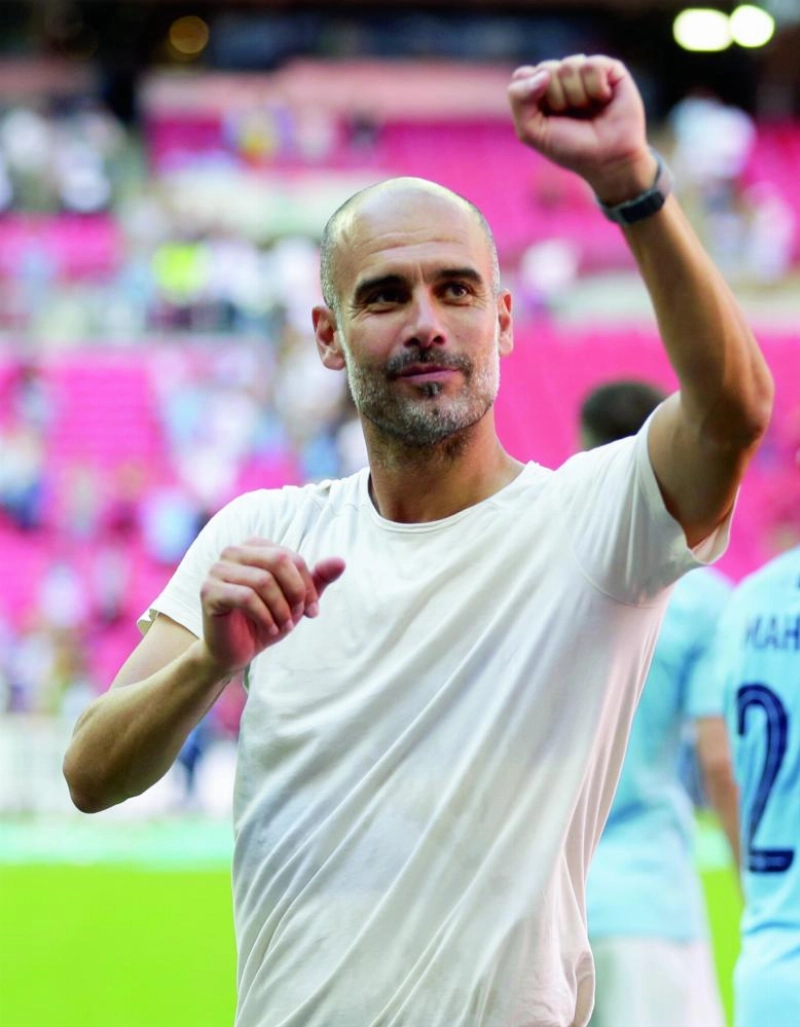 Manchester City manager Pep Guardiola celebrates victory after winning the FA Community Shield soccer match between Chelsea and Manchester City at the Wembley Stadium, in London, England, 05 August 2018. Photo: Adam Davy/PA Wire/dpa