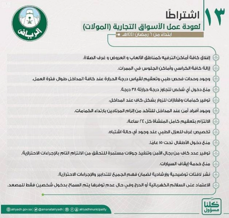 أمانة الرياض : 13 اشتراطًا تعيد الحياة للأسواق التجارية بالعاصمة .. أبرزها غلق المناطق الترفيهية وعدم اصطحاب الأطفال