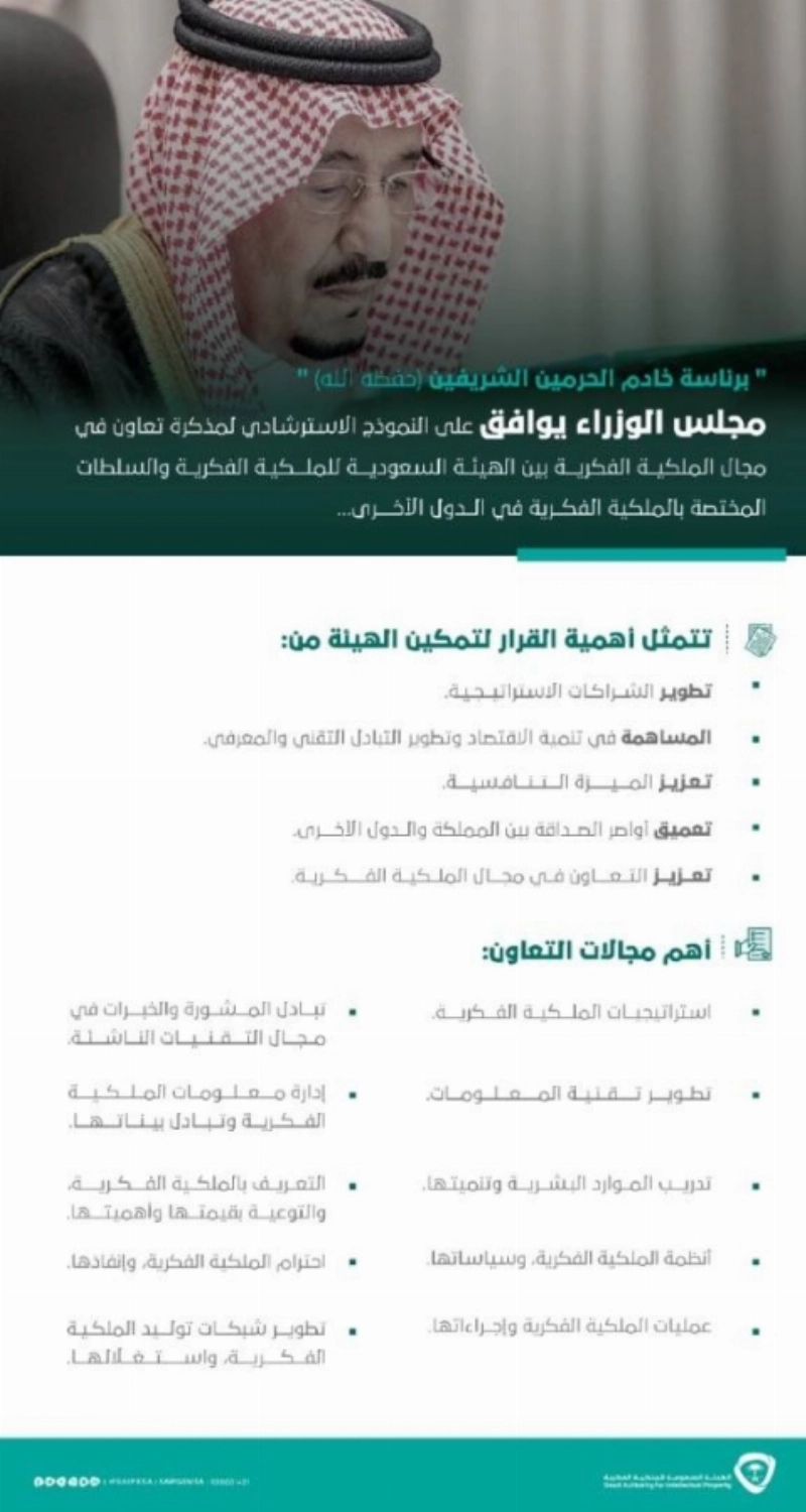 مجلس الوزراء يوافق على النموذج الاسترشادي لمذكرة تعاون في مجال الملكية الفكرية